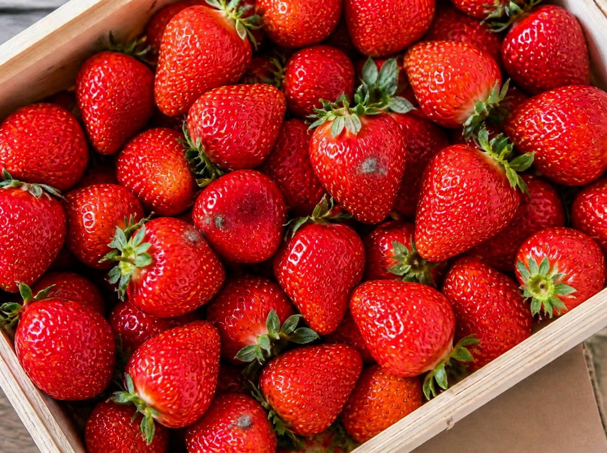 Wooden crate of fresh strawberries with only 2 berries showing tiny subtle defects