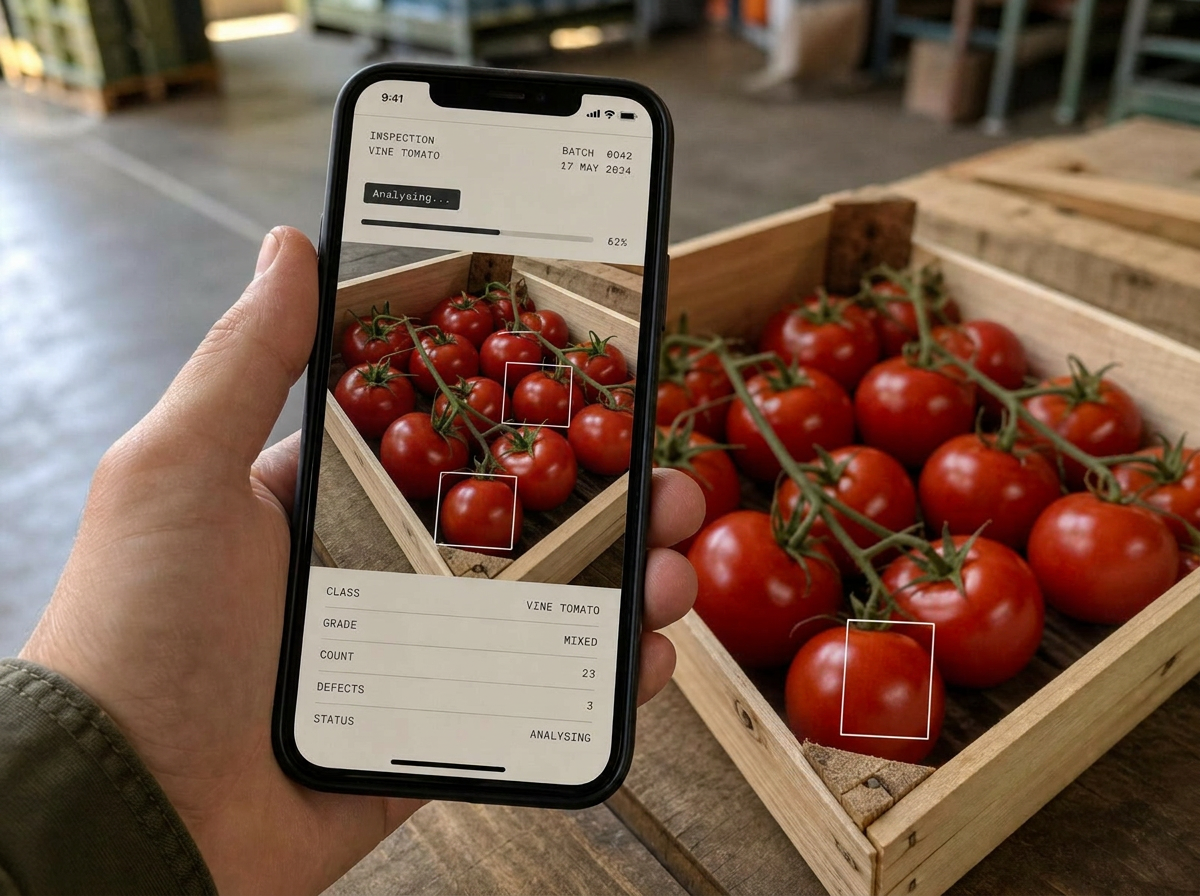 Same phone over the tomato crate, Nirvaaq app mid-analysis with bounding boxes on uniform, healthy tomatoes