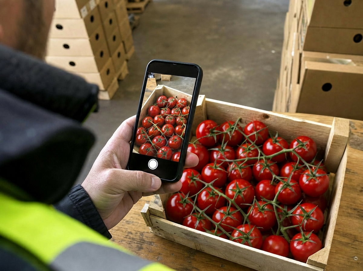 Receiving-bay worker holding a phone over a crate of vine tomatoes, camera viewfinder framing the crate